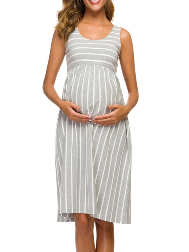 Ecavus Womens Maternity Tank Dress Stripe Color Block Sleeveless Knee Length for Baby Shower - Image 3